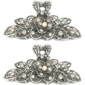2 Pcs Women Retro Chic Rhinestone Alloy Fancy Hair Claw Jaw Clips Pins -Vintage